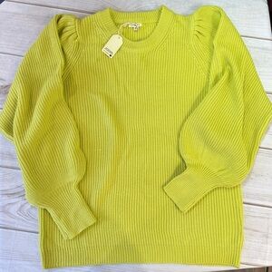 JODIFL Lime Green Puff Long Balloon Sleeve Cable Knit Crewneck Sweater